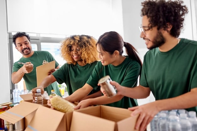 A group of volunteers packing food boxes at a food bank in a US city, supported by an international aid organization.