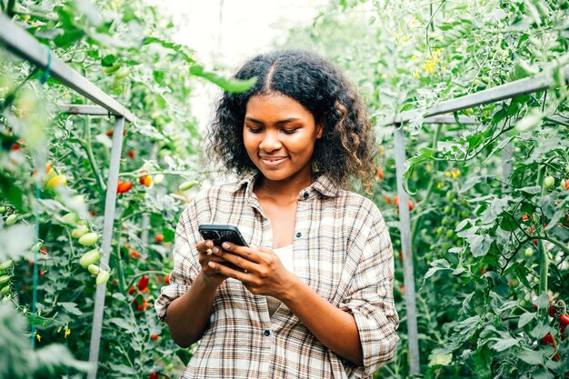 A close-up shot of a female farmer in Africa using a mobile app to access market prices for her crops, showcasing the use of technology in agriculture.