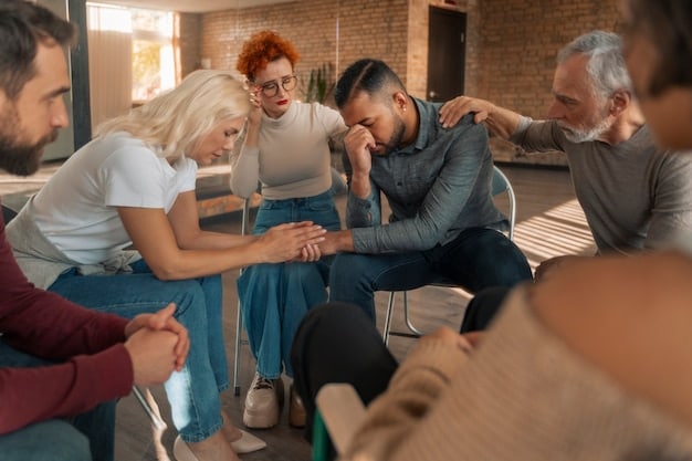 A photograph depicting a group of social workers providing support and counseling to survivors of human trafficking in a safe house. The image shows empathy and care, symbolizing the rehabilitation process.