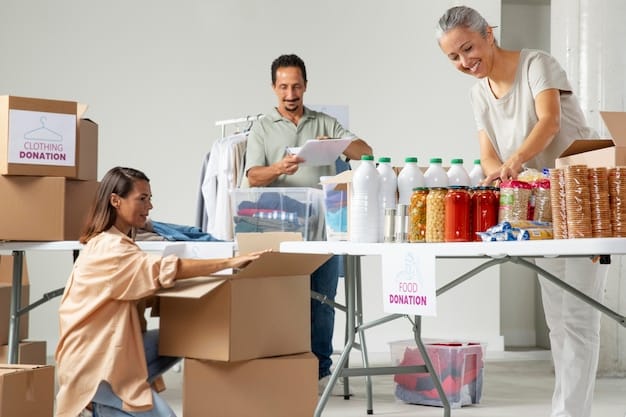 A group of volunteers is packing relief supplies in a warehouse, with boxes labeled for distribution to different countries. The scene shows the logistical challenges and coordination required to deliver aid effectively, especially in the face of restrictive US policies.
