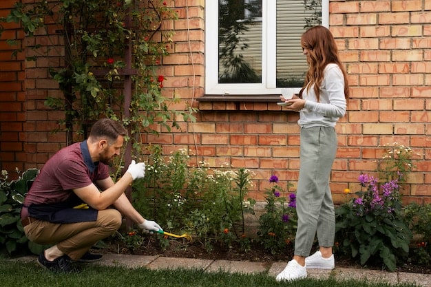 A FEMA representative speaking with a homeowner in front of a damaged house, explaining the available assistance programs. The scene highlights the direct interaction and support provided by FEMA to individuals after a disaster.