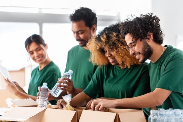 A group of volunteers working together in a warehouse, sorting and packing supplies for humanitarian aid.
