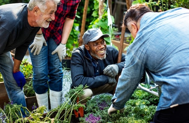A diverse group of people participating in a community gardening project in a resettlement area, smiling and working together. The scene depicts a sense of unity and rebuilding.