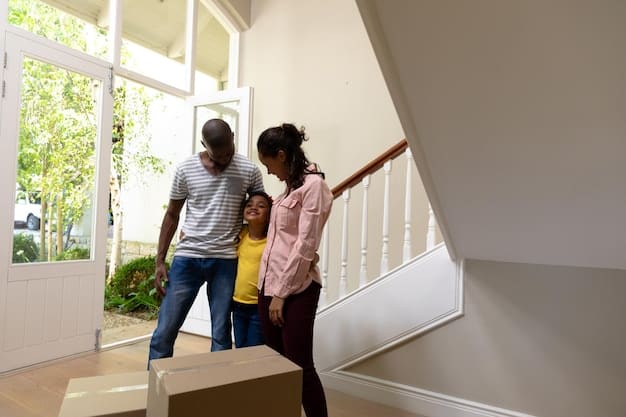 A family being handed keys to a new apartment, symbolizing successful efforts to secure housing after displacement. The scene is uplifting, with the family smiling and expressing relief and gratitude.