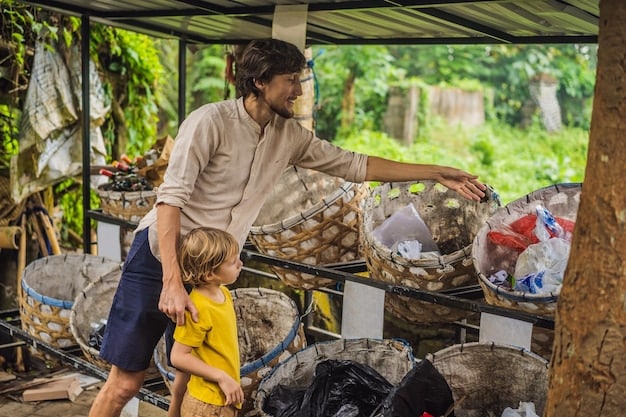 Aid workers sorting and recycling materials in a disaster relief camp. The image shows a conscious effort to minimize waste and promote sustainability.