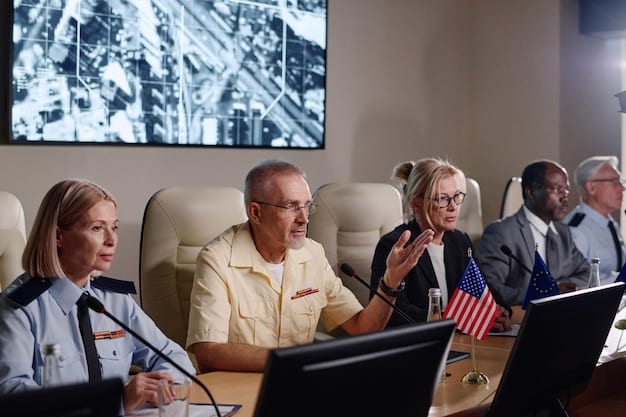A meeting between FEMA officials and representatives from the United Nations discussing coordination strategies for a hypothetical earthquake scenario affecting a major US city. The atmosphere is collaborative and focused.