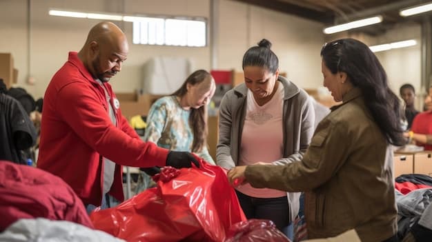 A group of Red Cross volunteers from different countries working together to distribute supplies to a community affected by a flood in the US. The image showcases the diversity and collaborative spirit of international aid.