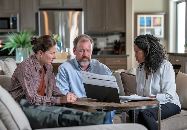 An image showing a FEMA representative meeting with a family in a disaster-affected area, explaining the application process for assistance programs. Focus on clear communication and support.