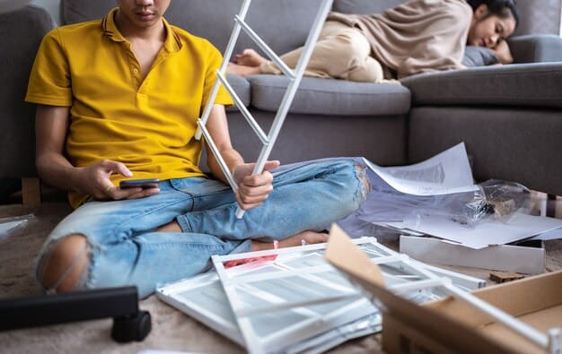 A family reviewing their disaster insurance policy documents at a table in their living room. The scene conveys a sense of preparedness and responsible planning for potential emergencies.