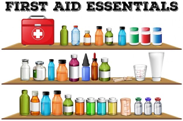 An organized emergency preparedness kit. The kit contains water bottles, canned goods, a first aid kit, flashlight, batteries, a radio, a whistle, and a multi-tool. The items are neatly arranged in a durable container.