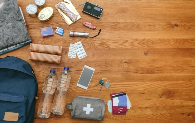 A detailed image of an emergency preparedness kit, laid out on a table. The kit includes items like a first-aid kit, flashlight, radio, multi-tool, water purification tablets, and non-perishable food items. Each item is clearly visible and labeled.