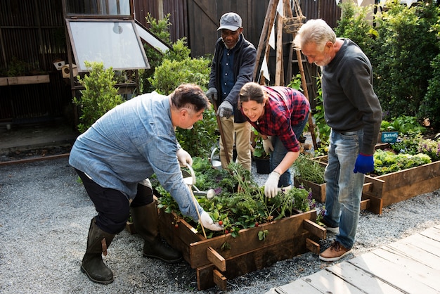 A photo of a community garden project where residents are working together, showcasing community collaboration and resourcefulness.