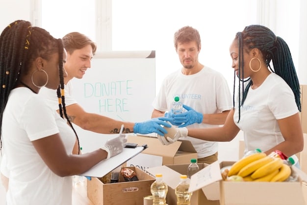 A group of volunteers sorting and distributing donated goods at a local community center after a tornado in Oklahoma. The volunteers are organizing clothes, food, and other essentials, while affected residents are lining up to receive these items. The atmosphere is busy but hopeful, with people helping each other.