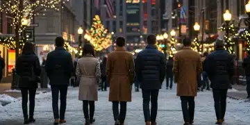 Personas con abrigos de invierno en una calle nevada de Estados Unidos