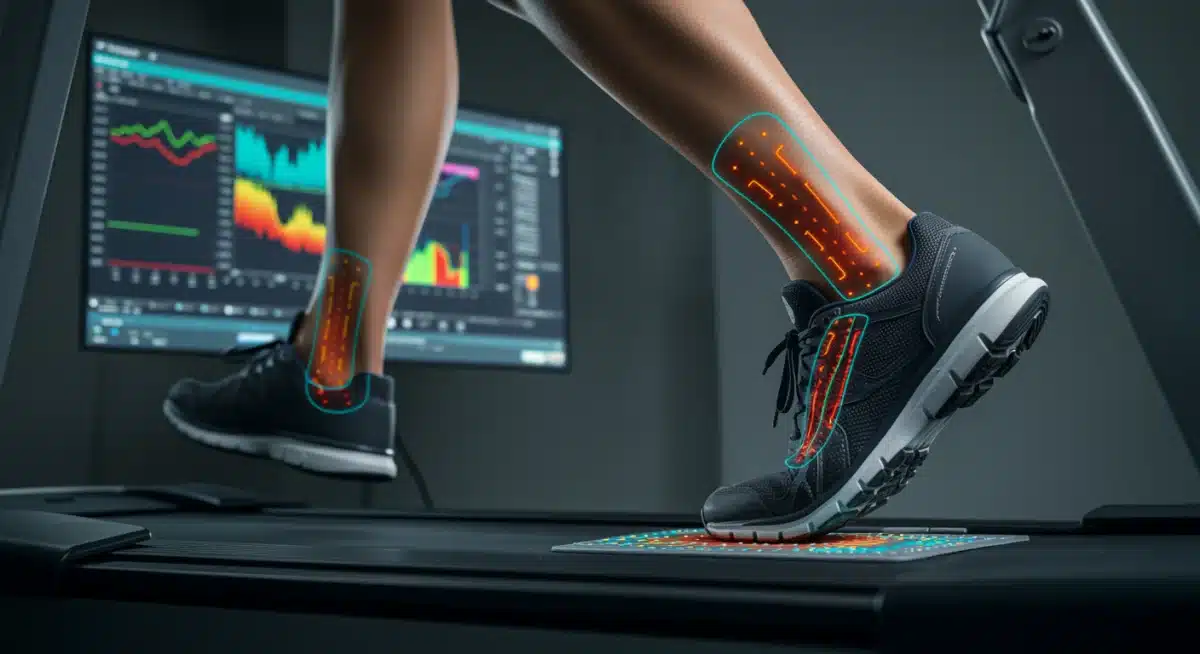Análisis biomecánico de la pisada de un corredor en una cinta, mostrando puntos de presión.