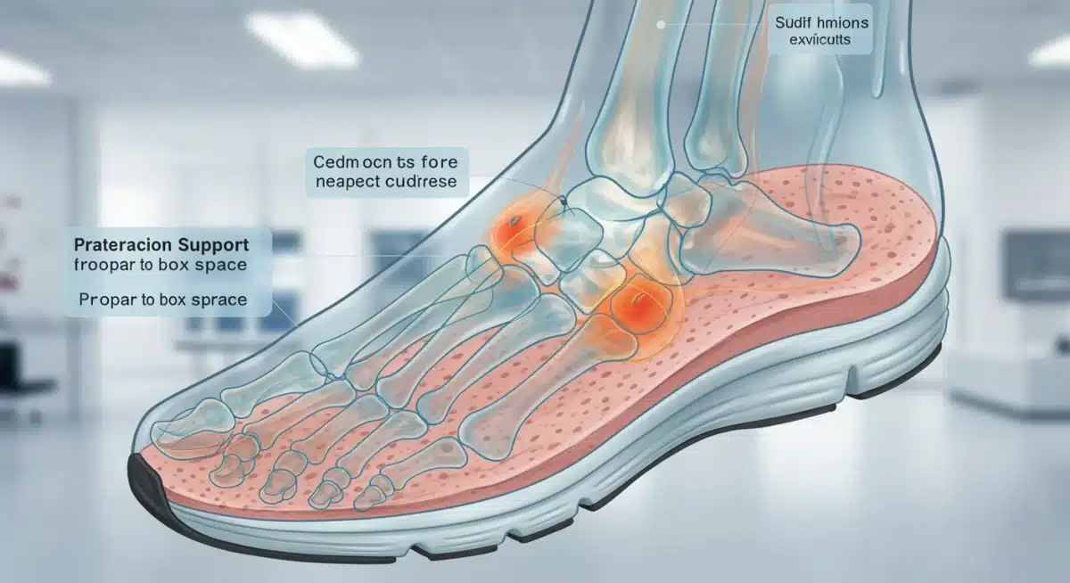 Anatomía del pie dentro de un calzado, mostrando soporte de arco y amortiguación para una pisada correcta.