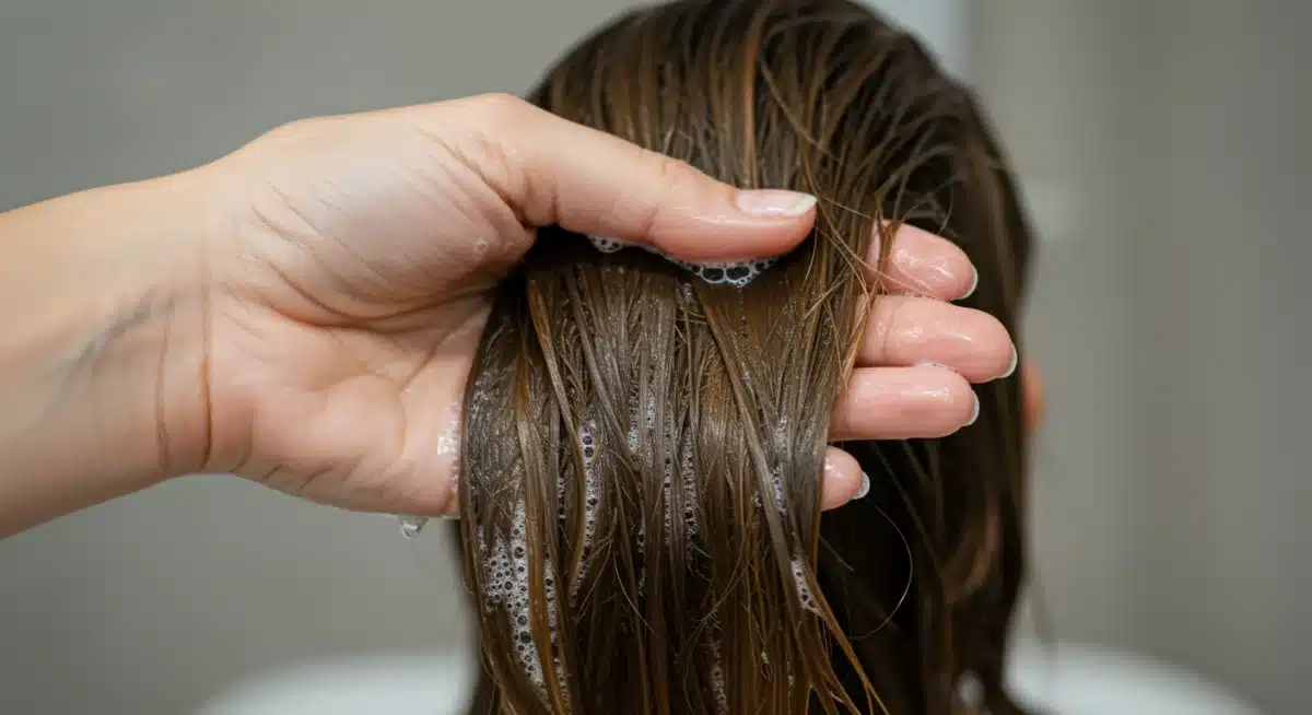 Mano aplicando champú sin sulfatos sobre cabello teñido mojado.