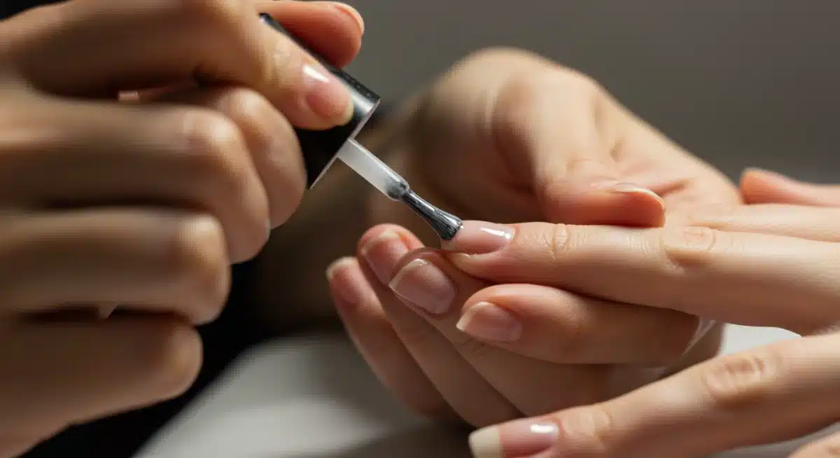 Aplicación precisa de esmalte de uñas, mostrando el paso final de una manicura para lograr un acabado perfecto.