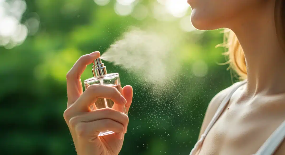 Mano de mujer aplicando perfume, evocando frescura en un entorno veraniego.