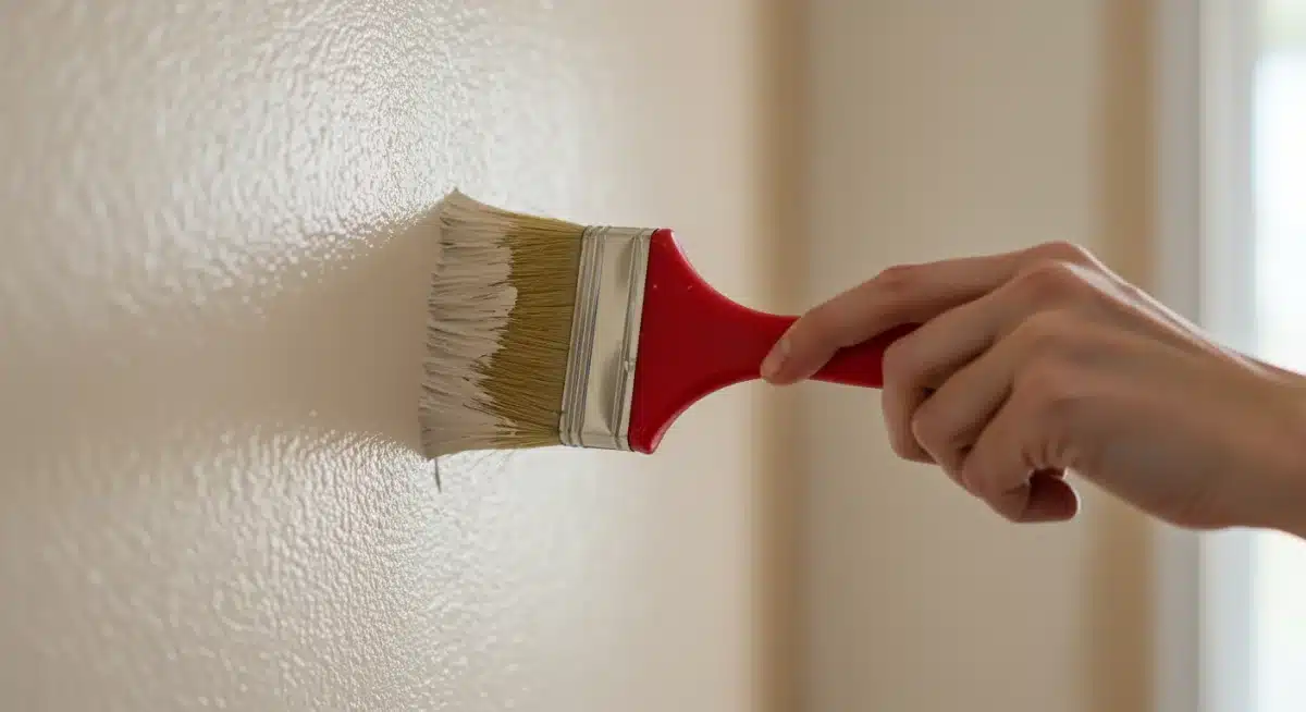 Mano aplicando pintura ecológica con un pincel en una pared, destacando la textura suave y uniforme de la pintura.