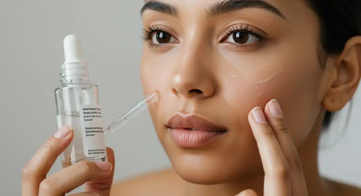 Mujer aplicando cuidadosamente sérum de ácido hialurónico en su rostro, destacando la técnica correcta para una absorción óptima.