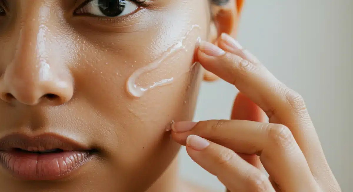 Persona aplicando suavemente un sérum facial en su piel mixta, prestando atención a las diferentes zonas.