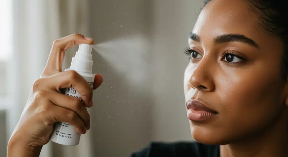 Aplicación de spray fijador para asegurar la durabilidad del maquillaje 'no makeup' durante más de 8 horas.