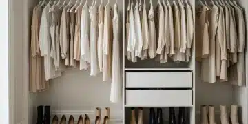 Mujer organizando un armario cápsula con 15 prendas esenciales en un apartamento moderno de Estados Unidos.