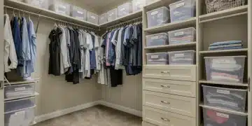Armario perfectamente organizado en una casa moderna de Estados Unidos, con soluciones de almacenamiento inteligentes y ropa bien clasificada.