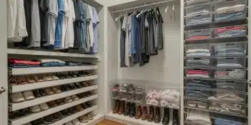 Organiza tu armario en 3 horas: Guía rápida para un hogar ordenado Armario perfectamente organizado con ropa doblada y colgada, zapatos alineados y accesorios en contenedores transparentes.