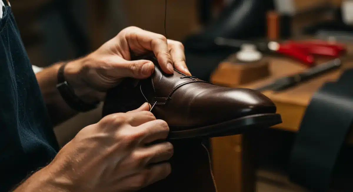 Manos de artesano cosiendo un zapato de cuero, destacando la calidad y el proceso de fabricación.