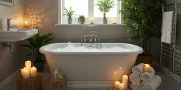 Baño transformado en un lujoso spa en casa con bañera, velas y plantas, evocando tranquilidad y bienestar.