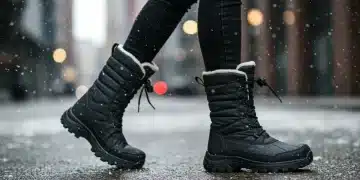 Mujer con botas de invierno impermeables y con agarre, caminando por la nieve con estilo.