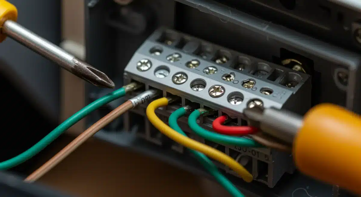 Detalle de conexiones de cableado eléctrico para termostato, con cables codificados por colores.