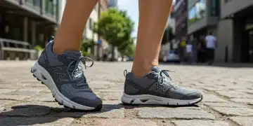 Persona caminando con calzado ergonómico en una ciudad moderna, destacando la importancia del calzado para una postura saludable.