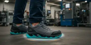 Calzado para trabajar de pie: Evita dolores y fatiga en 2025 Persona con calzado ergonómico trabajando de pie en un entorno industrial moderno, mostrando comodidad y soporte.