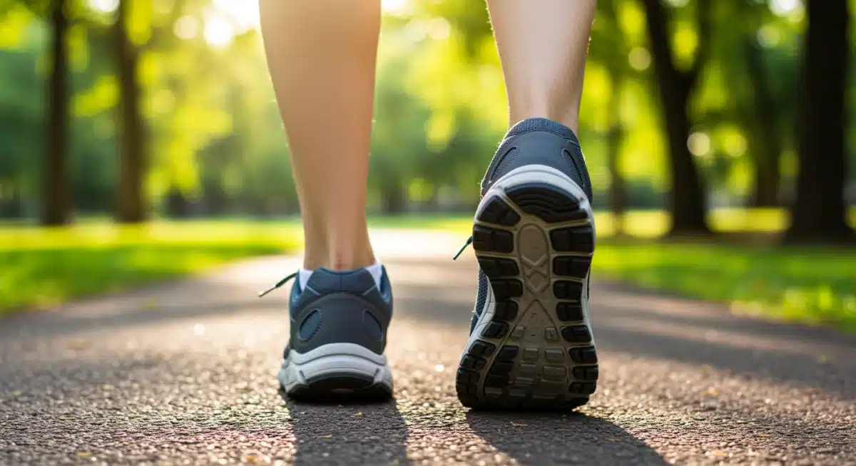 Persona caminando en un sendero de parque con zapatos cómodos, mostrando soporte y amortiguación.