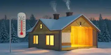 Casa bien aislada en invierno en Estados Unidos, con una sección transversal que muestra el aislamiento térmico.