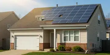 Casa suburbana en Estados Unidos con paneles solares instalados en el tejado bajo el sol brillante.