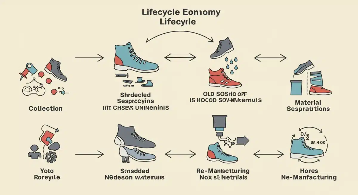 Diagrama del ciclo de vida del calzado: de residuos a nuevos materiales.