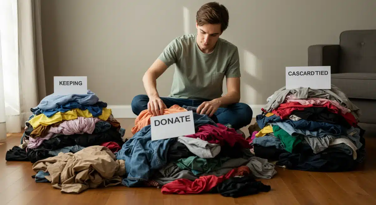 Persona clasificando ropa en tres montones: conservar, donar y desechar.
