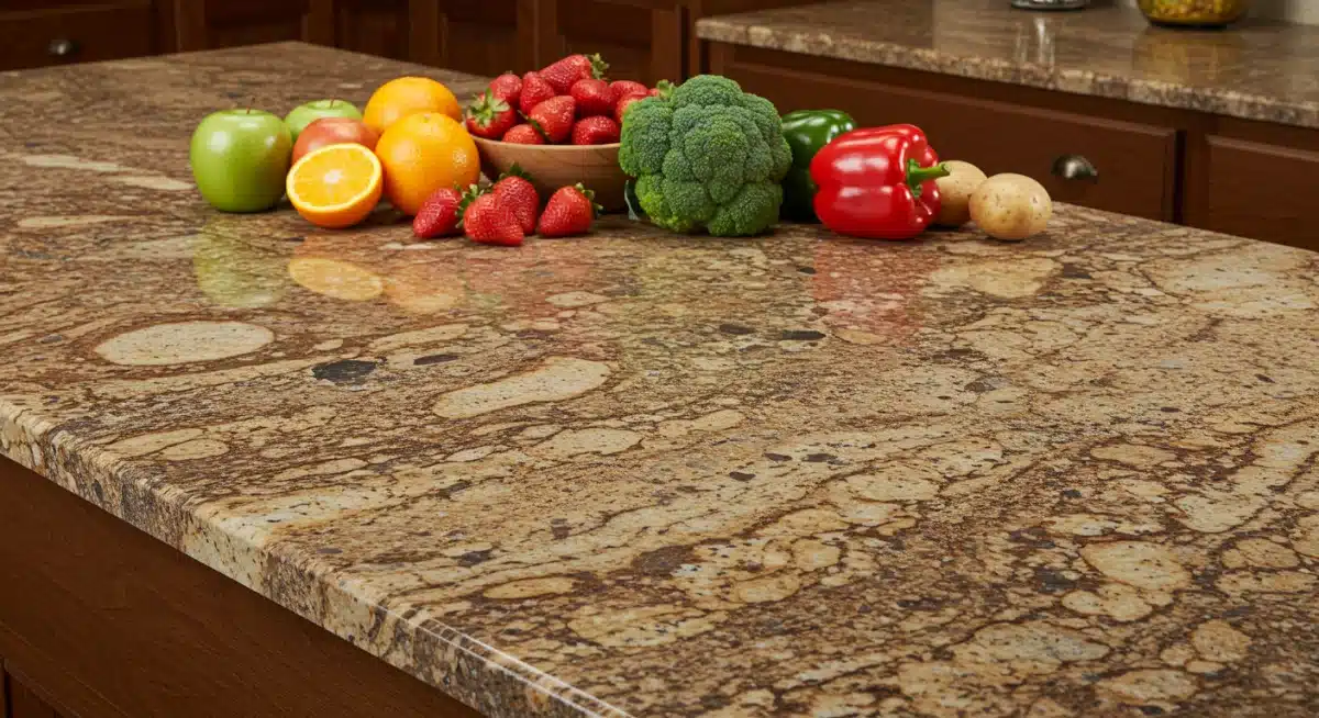 Cocina con encimera de granito, resaltando sus patrones naturales y su robustez para el uso diario.