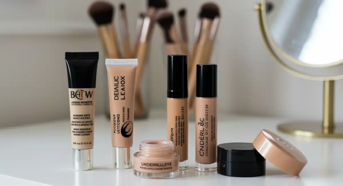 Variedad de correctores de ojeras expuestos en una mesa de tocador.