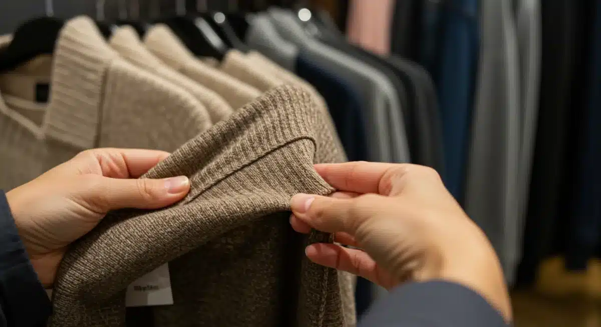 Compradora estirando un tejido para verificar su elasticidad en una tienda de ropa.