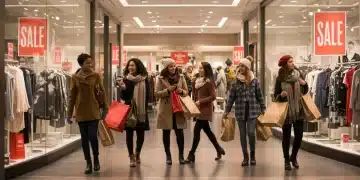 Gente comprando ropa con descuentos en un centro comercial de Estados Unidos en enero