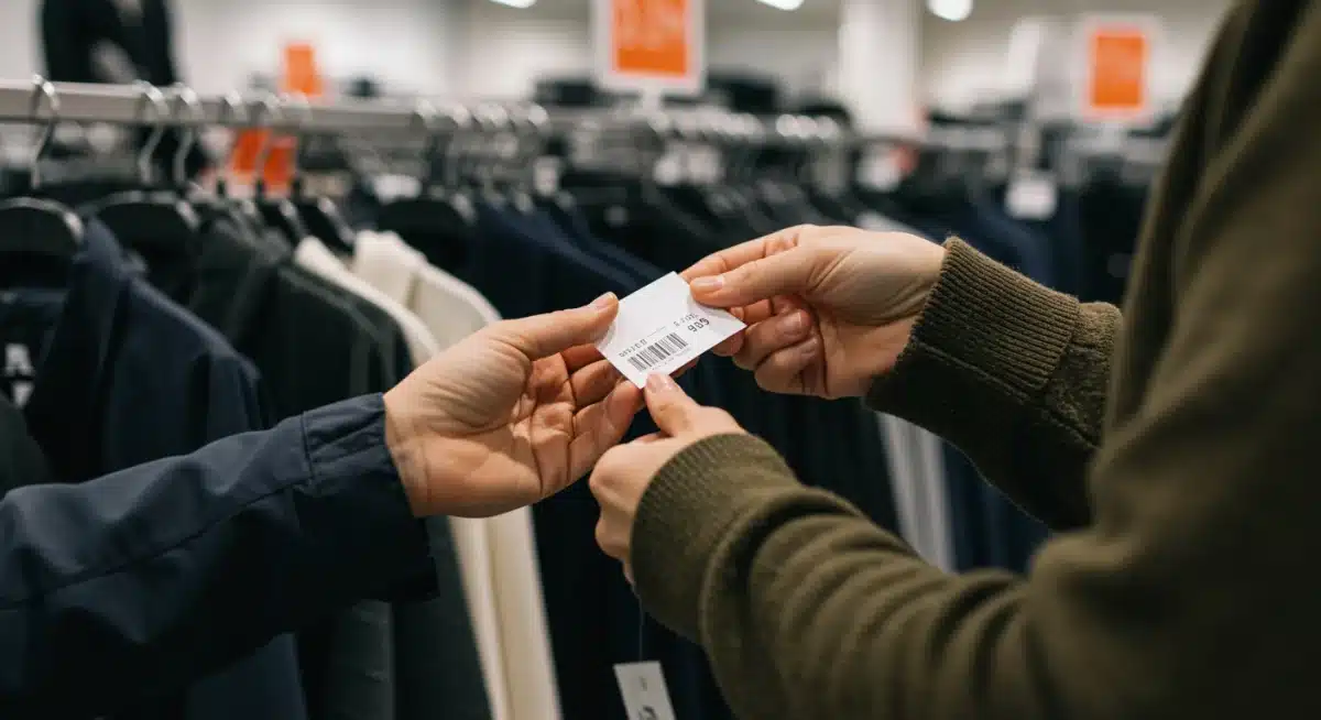 Persona examinando una etiqueta de precio en una tienda de ropa en Estados Unidos, pensando en el presupuesto.
