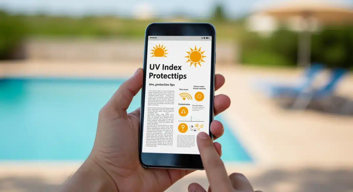 Persona consultando información sobre protección solar y el índice UV en un teléfono móvil.