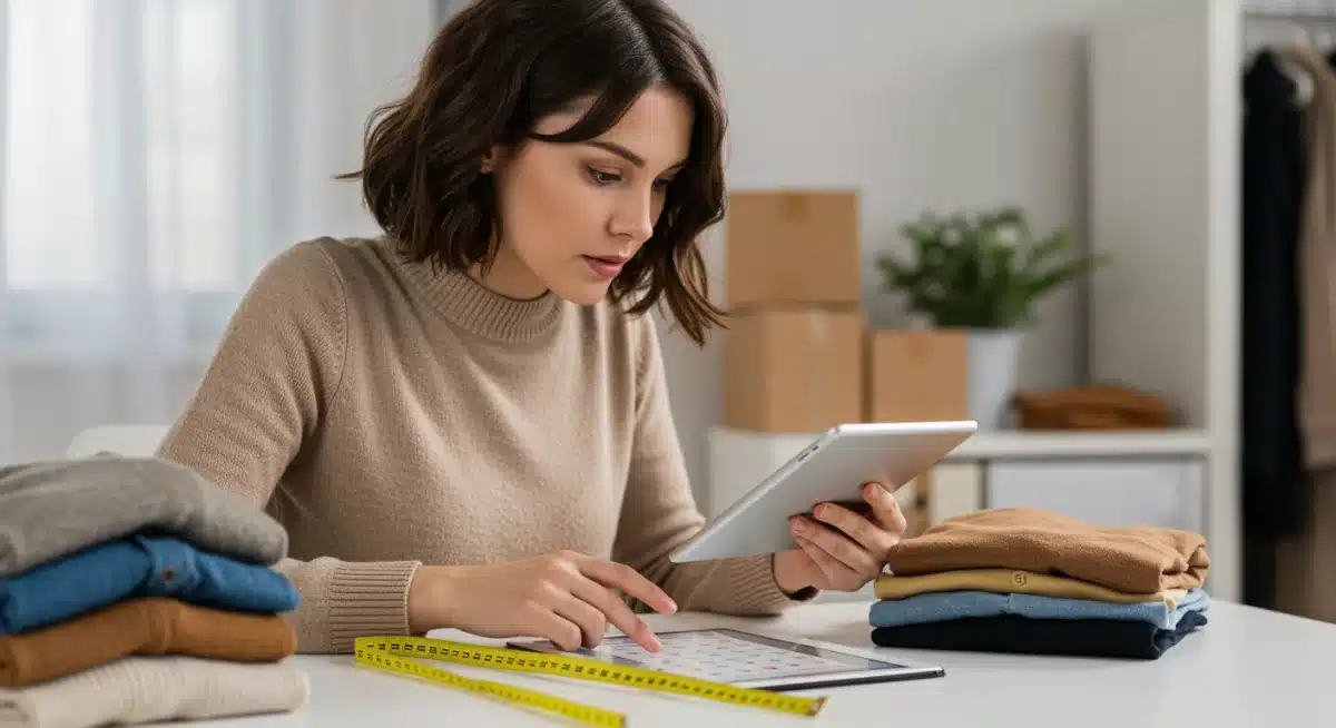 Persona consultando tabla de tallas detallada para comprar ropa online.