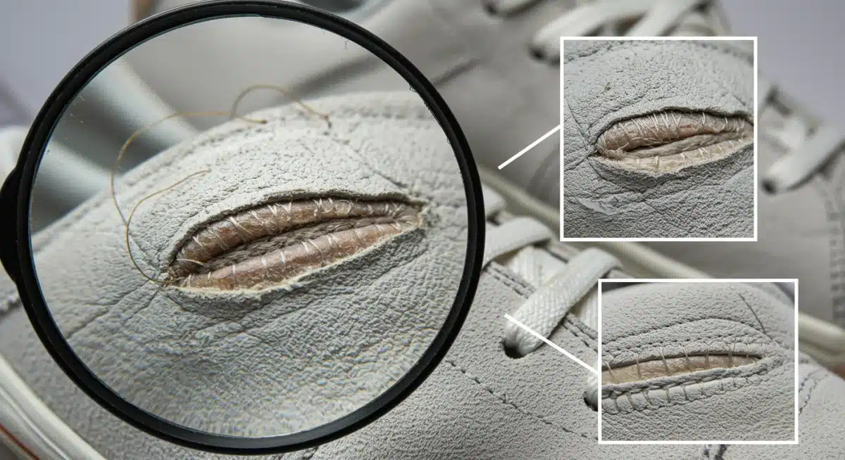 Detalle de costuras defectuosas en una zapatilla falsa bajo una lupa.