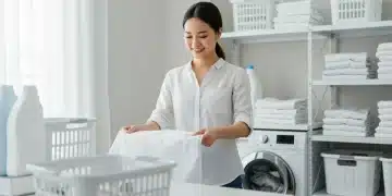 Mujer doblando ropa limpia en un cuarto de lavandería moderno y organizado.